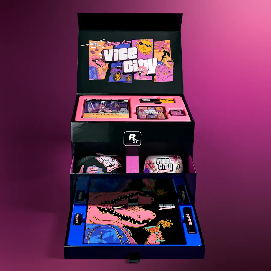 The open GTA VI Vice City Collection box, showing a Macca the Gator figure and layered compartments of merchandise