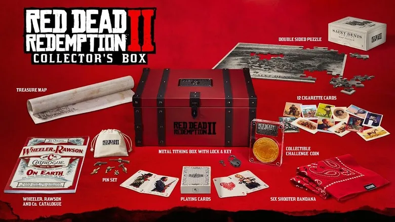 The RDR2 Collector’s Box with its metal tithing box, store catalogue, cigarette cards, and puzzle